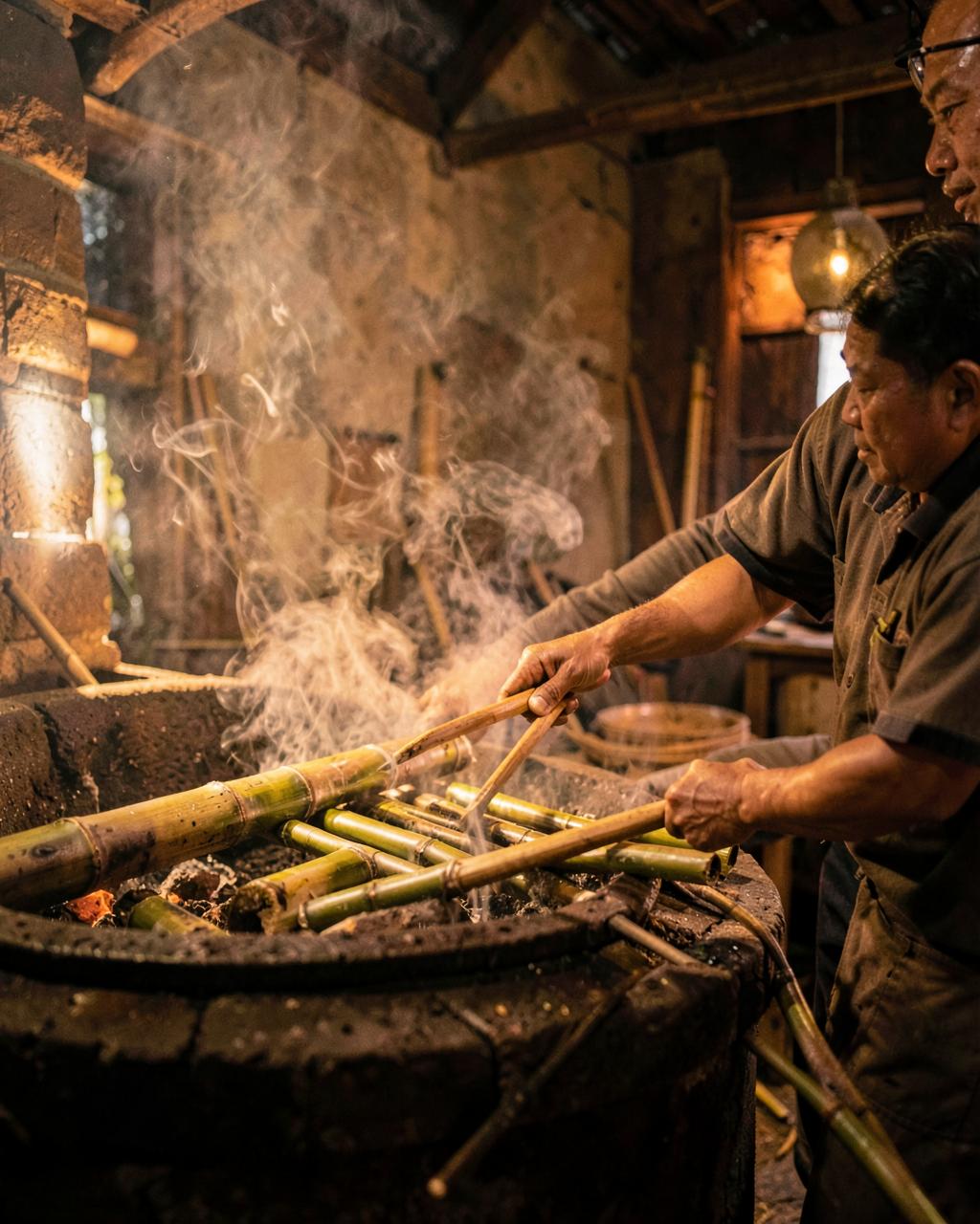 Nghệ nhân hun tre trong lò khói truyền thống